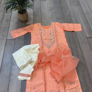 Size L: Masleen Silk Kurti Set with Hand Work Pearl and Sequin Embroidery and Organza Dupatta