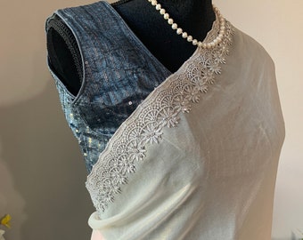 Size 38 optional stitched blouse: Shimmer georgette, stone work saree and embroidered saree in taupe shade | party wear sarees online usa