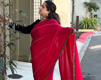 Soft and flowy satin silk party wear saree with stone work | party wear sarees online shopping usa | valentines day sarees | red and black