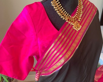 Maat 40-44, verstelbare zijdemarkering gecertificeerd pure Mysore Silk Saree 100 g in zwart en roze | Mysore zijden sari's | Mysore zijden sari's online