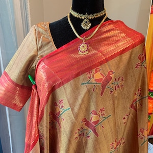 Size 36-44 adjustable stitched blouse | Soft & exquisite mix tussar silk saree in honey shade | tussar silk sarees online usa | tussar sari