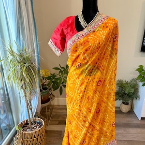 Size 38-42 inches stitched blouse | Sequin bordered bandhni saree | bandhani sarees online shopping usa | bandhni saree with blouse | ethnic