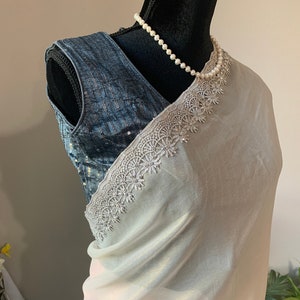 Size 38 optional stitched blouse: Shimmer georgette, stone work saree and embroidered saree in taupe shade | party wear sarees online usa