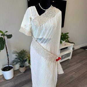 Size 36 - 40 size adjustable stitched blouse | Embroidered party wear saree in ivory gold shade | party wear sarees online shopping usa