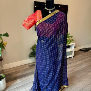 Size 36-42 stitched blouse | Chiffon mixed silk saree in checks and small zari border | light weight sarees online shopping usa | ethnic