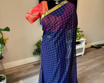 Size 36-42 stitched blouse | Chiffon mixed silk saree in checks and small zari border | light weight sarees online shopping usa | ethnic