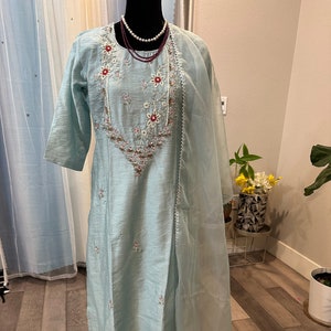 Size M: Masleen Silk Suit Set with Hand Work Pearl and Sequin Embroidery and Organza Dupatta | party wear suit set online shopping usa