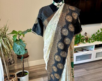 Size 38-40 optional stitched blouse | Semi silk kalamkari saree with zari woven border | kalamkari silk sarees online shopping usa | ethnic