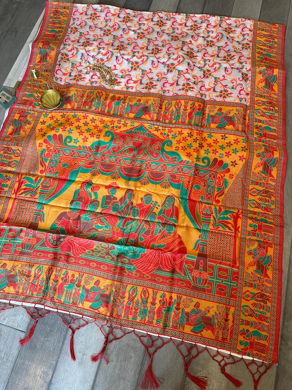Linen pashmina blended saree with artisan woven border and pallu | durga puja | pujo sarees | navratri | linen sarees online shopping usa