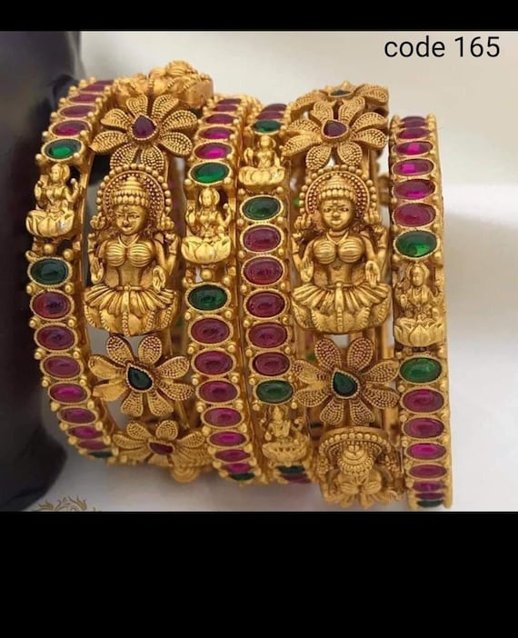 Beautiful Indian Gold Plated Bangles with Red and Green Stones