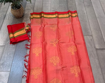 Gorgeous Salmon Pink, Embossed, Silk Mark certified Kanchi Silk Saree