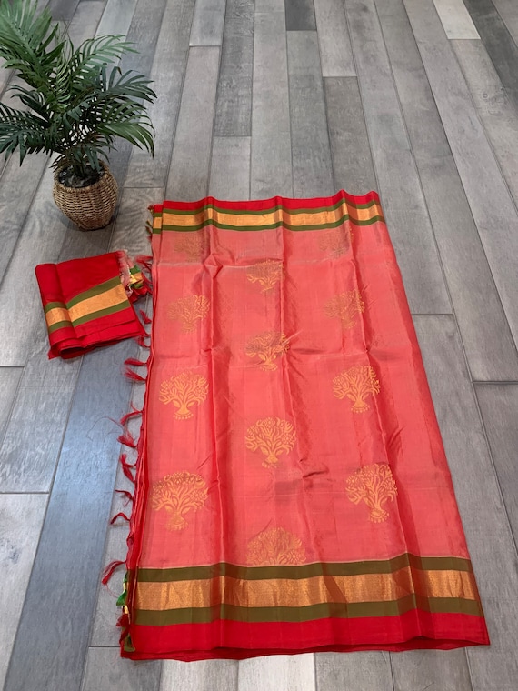 Gorgeous Salmon Pink, Embossed, Silk Mark certified Kanchi Silk Saree