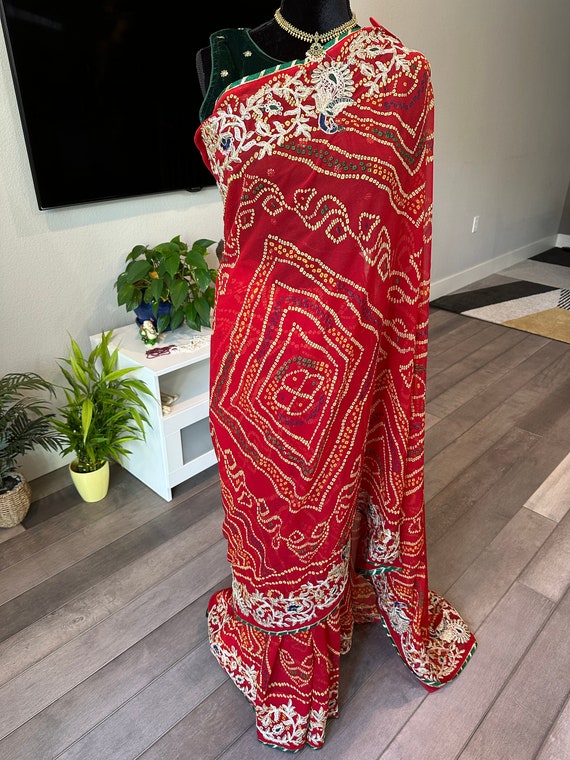 38 size optional fully stitched blouse | Festive bandhani saree with zardosi work | bandhani sarees online | bandhini sarees online usa