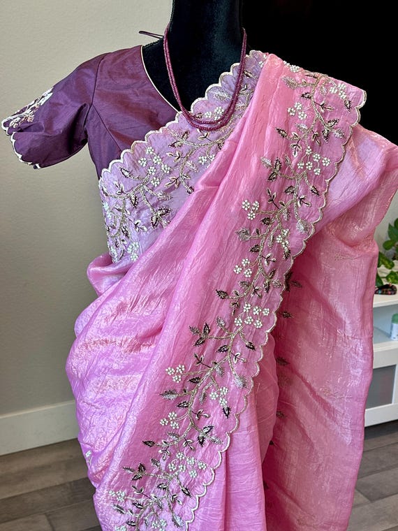 Size 36-44 stitched blouse | Crushed shimmer silk party wear saree with pearl work and glass sequins | party wear sarees online shopping usa