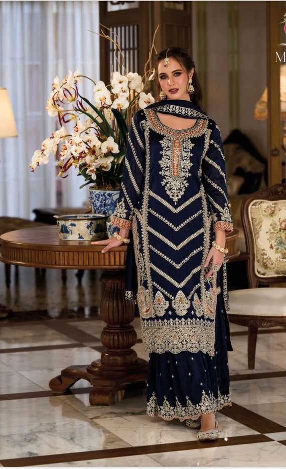 Size L: Exclusive mirror work and zardosi work sharara set | festive sharara suits online shopping usa | wedding shararas | indian ethnic