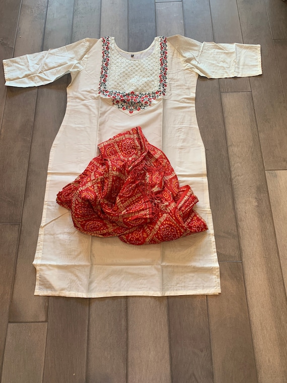 Plus size XXL: Cotton silk kurti and dupatta set | Sequin Kurtis online usa | embroidered kurti with bandhani dupatta | party wear kurtis