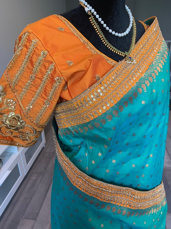 Size 38-40 fully stitched maggam blouse - Grand mixed silk Banarasi saree with sequin border and gold foil prints