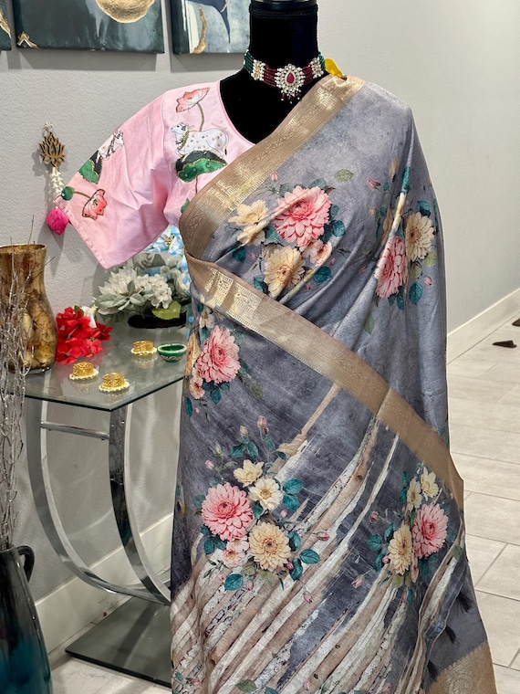 Size 38-40 optional stitched blouse | Flowy and light weight designer saree with floral digital prints |. ethnic sarees online shopping usa