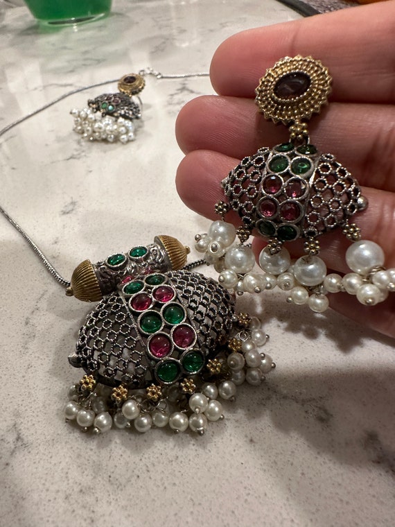 Silver look alike oxidized silver necklace set with red and green stones | oxidized silver jewelry set indian | indian jewelry online usa