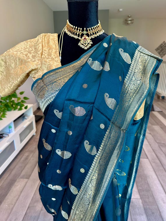Size 36-40 optional blouse | Teal green Mashru silk Banaras satin silk saree with zari woven motifs and border | mashroo silk sarees online