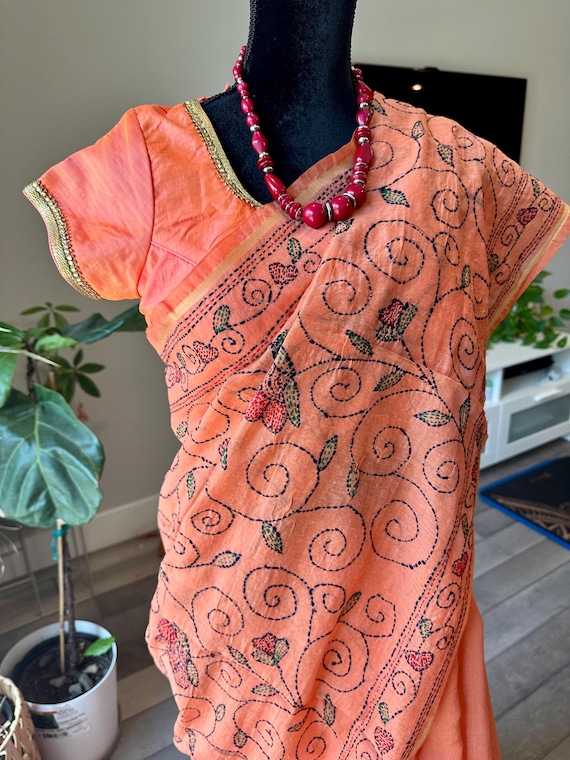 Size 38 optional stitched blouse | Linen tussar Assam Silk saree with kantha work | linen sarees online shopping usa | kantha work sarees