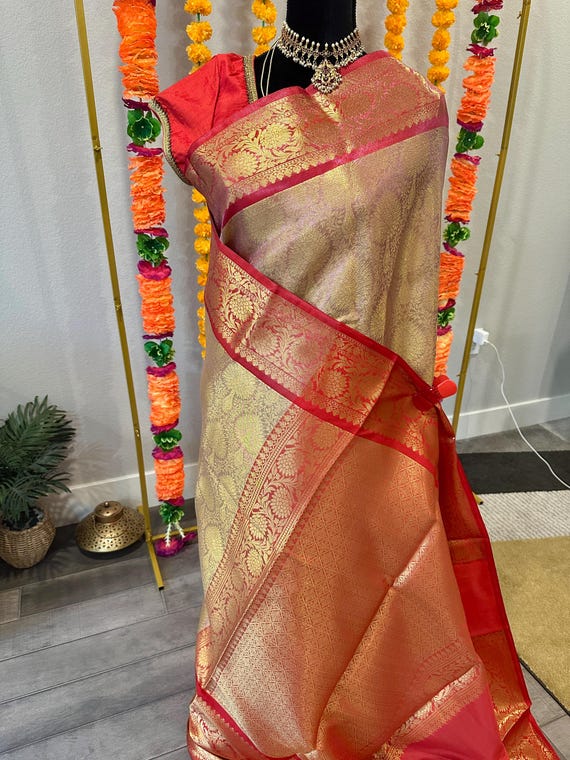 40-42 size optional stitched blouse | Banarasi tissue silk saree with big border | banaras silk sarees online shopping usa | saree w/ blouse