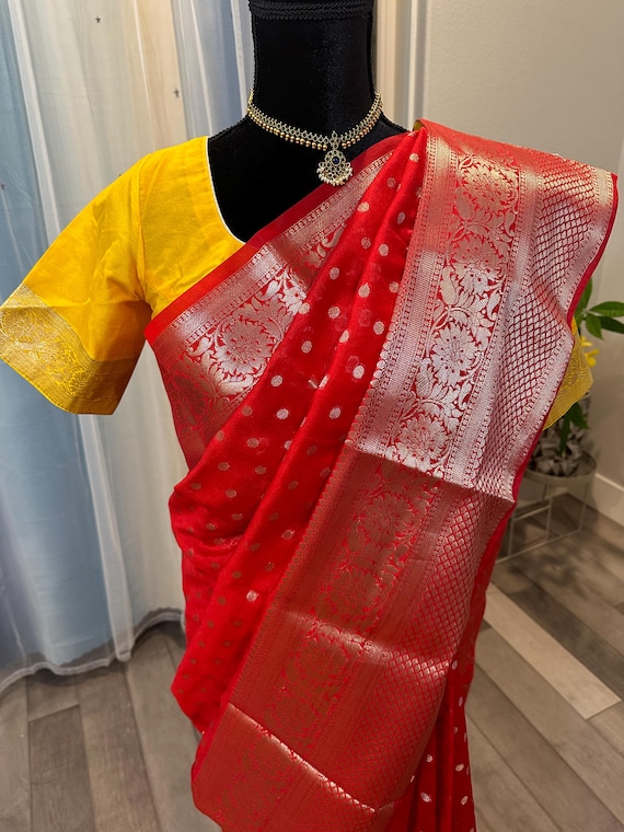 Size 36-44 adjustable stitched blouse : Banaras semi silk saree silver zari  | banaras sarees online shopping us | navratri | ethnic | pujo
