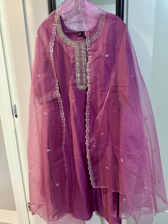 Size S-M: Mauve pink salwar suit set with sequin work | party wear salwar suits online shopping usa | shimmer pink kurti set | embroidery
