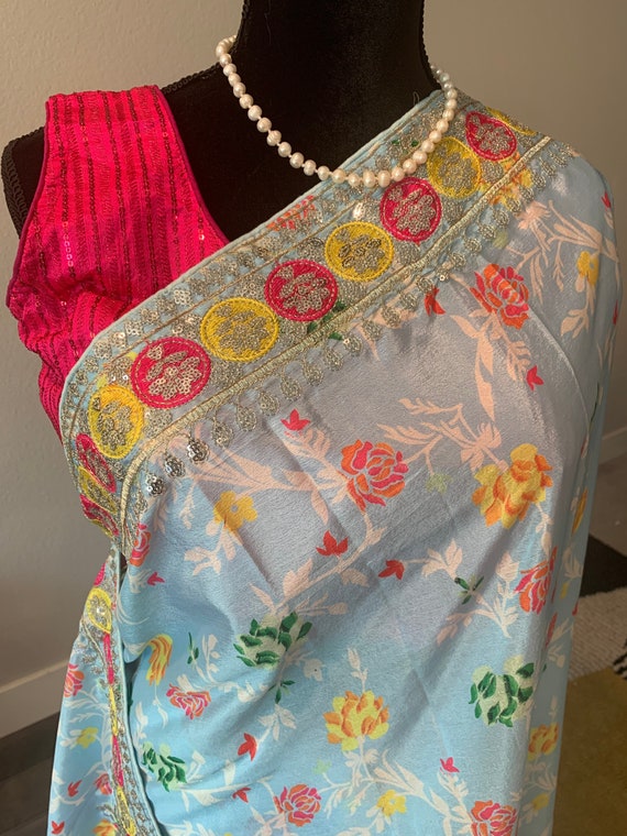 36 - 38 size fully stitched blouse | lovely spring themed party wear sarees with sequin work | sequin sarees | party wear sarees online usa