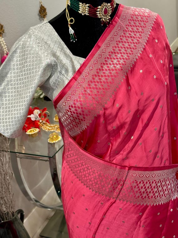 Size 36-38 optional blouse | Mashru silk Banaras satin silk saree with zari woven motifs and border | mashroo silk sarees online | Banarasi