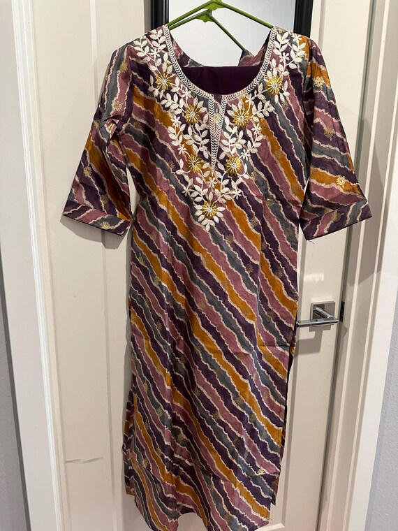 Size S | Muslin silk ethnic suit set with embroidery work and leheriya prints | Muslin kurti sets online shopping usa | leheriya suit set