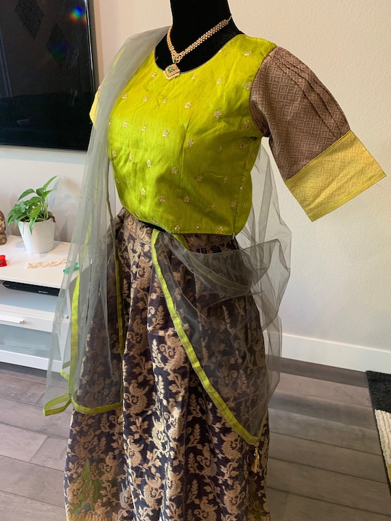 Size M : Lovely Color Combo, raw silk lehenga set | lehenga choli online shopping usa | crop top sets online | raw silk lehenga choli online