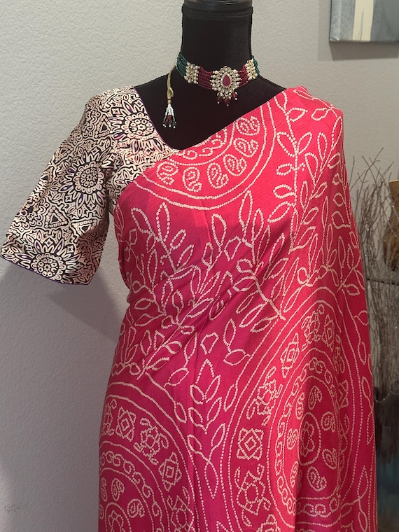 36-44 size stitched blouse | Bandhni satin silk saree with Akrakh pallu | Pink Bandhni designer saree | Saree with blouse | party wear saree