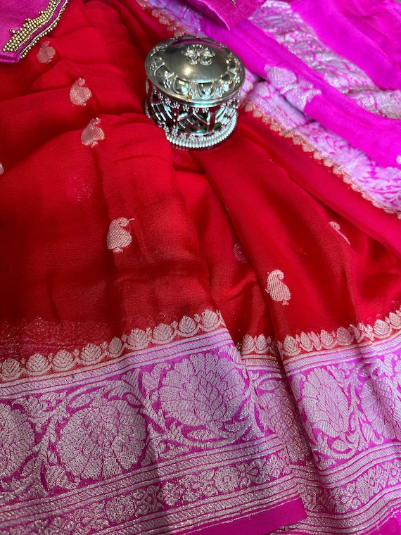 Silk mark certified banarasi chiffon saree in festive shade | banarasi silk sarees online