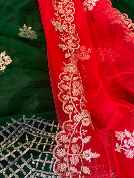 Stunning Net lehenga with designer embroidery and sequin border with pearls