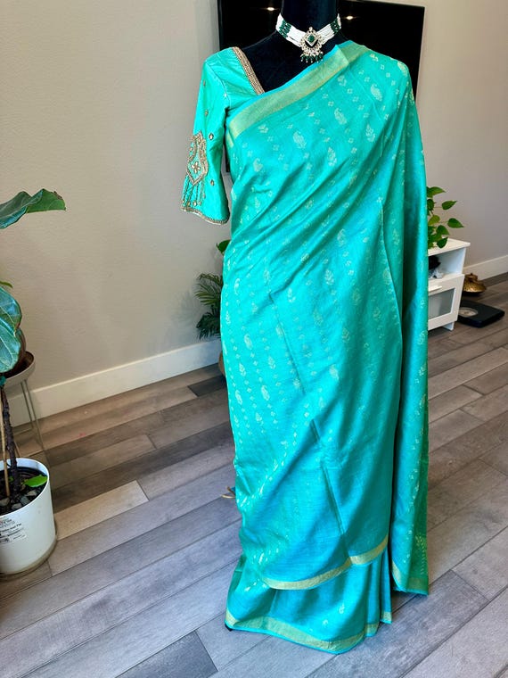 Size 34 - 40 optional stitched blouse | Pure, silk mark tussar silk saree with all over zari weaves | pure tussar silk sarees online usa