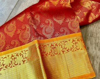 Kumkum rojo puro, marca de seda certificada kanjivaram saree de seda / kanchi pattu compras en línea usa / rojo nupcial kanjeevaram saree de seda / nupcial