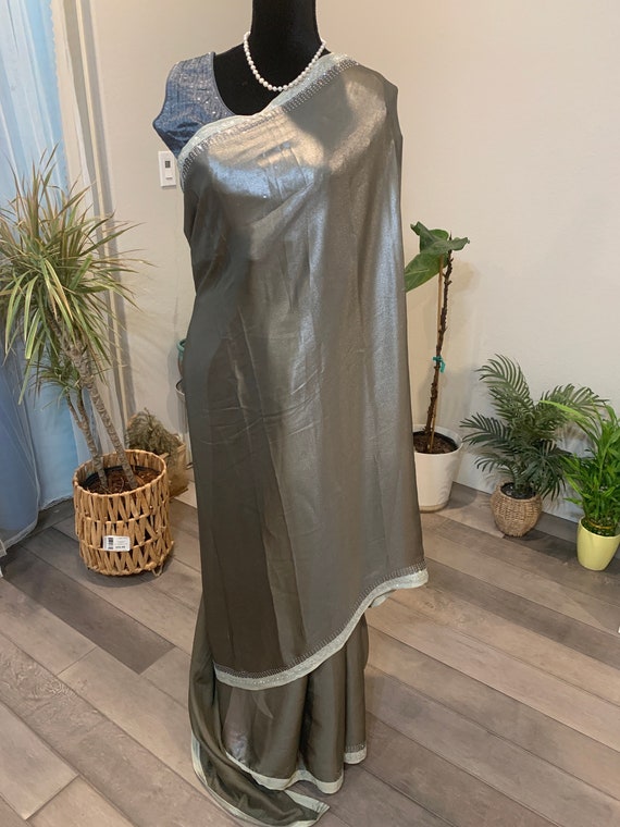 Size 38 optional stitched blouse | Satin tissue, stone work, party wear saree in metallic gray | party wear sarees online | stone work saree