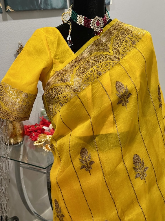 Size 36-46 inches stitched blouse | Pure, silk mark certified banaras kora silk saree with antique zari | kora silk sarees online shopping