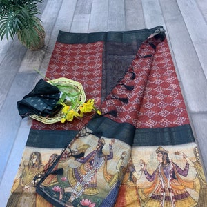Maheswari gemischter Seiden Saree mit Bandhini Design und Pichwai Borte | Maheshwari Seide Sariseide Online-Shopping USA | pichwai sari online kaufen