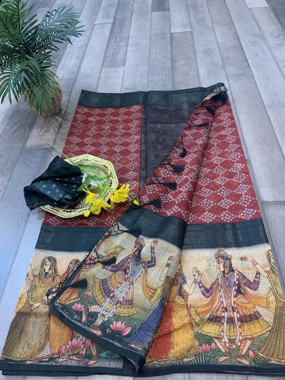 Maheswari mixed Silk Saree with Bandhini Design and Pichwai Border | Maheshwari silk sarees online shopping usa | pichwai sarees online