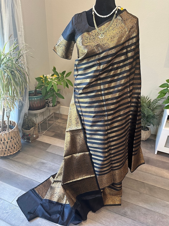 Size 36-44 stitched blouse | Black, woven kora Banarasi mixed silk saree with antique zari | banaras kora silk saree online shopping usa