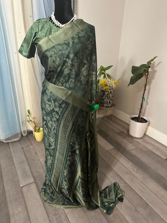 Size 38-42 adjustable fully stitched blouse | Fern green crepe silk saree with floral prints | party wear sarees online shopping usa