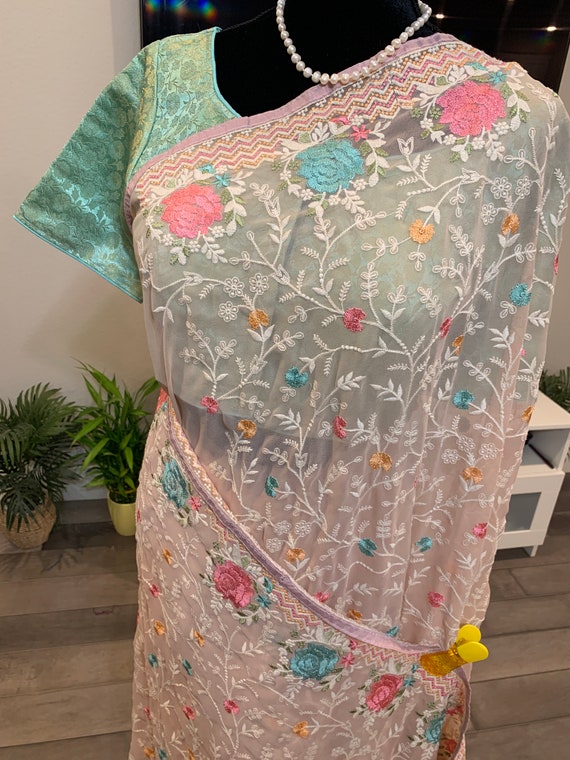 38 Size optional fully stitched blouse | Pastel peach party wear saree with parsi gara work | parsi gara sarees | party wear saris online