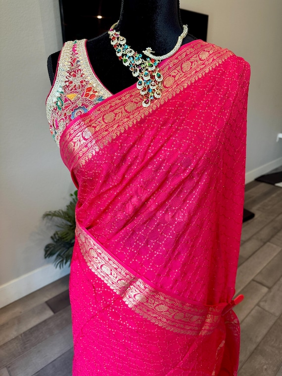 Size 36-38 optional stitched blouse | Pure, chiffon silk saree with sequin work and zari woven border | sequin work saree | party wear saree