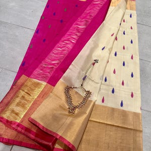 Handgewebter reiner Uppadada Seidensari mit breitem Gewebeband | weisser sari aus uppada seide | reines Uppada Pattu | pattu saree online shoppen usa