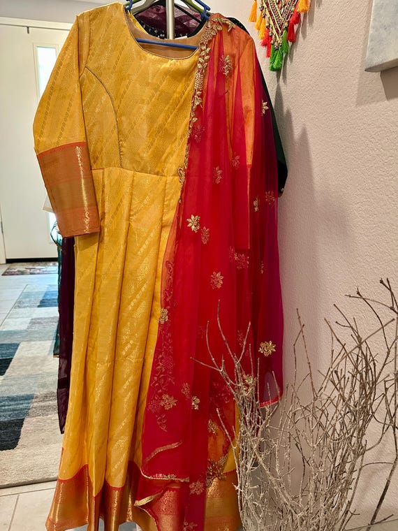 Size S-M | Grand and gorgeous Banarasi silk gown with all over zari work and netted work dupatta | ethnic gowns online shopping usa | weddin
