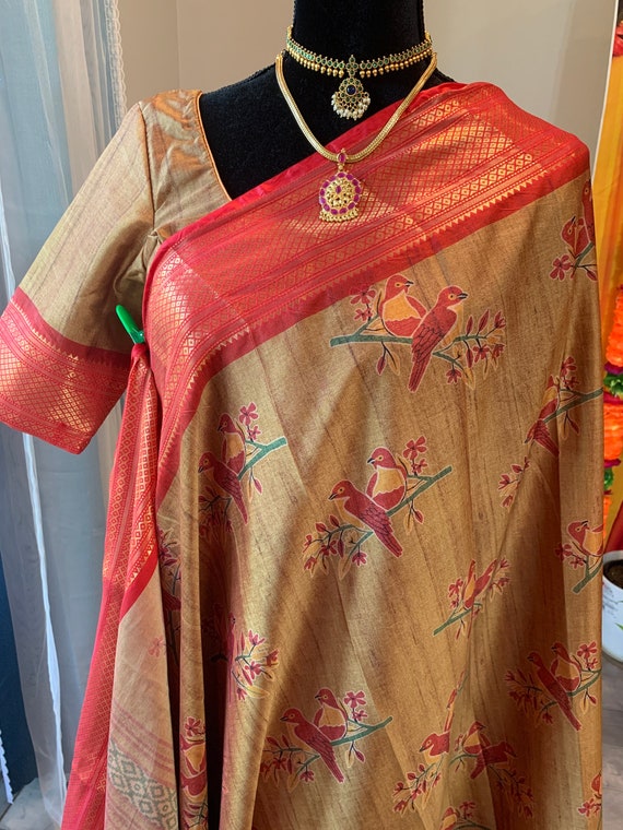 Size 36-44 adjustable stitched blouse | Soft & exquisite mix tussar silk saree in honey shade | tussar silk sarees online usa | tussar sari