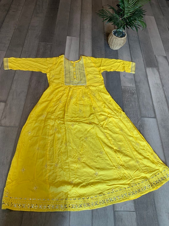 Lemon Yellow Rayon Anarkali with Beautiful Sequin Work