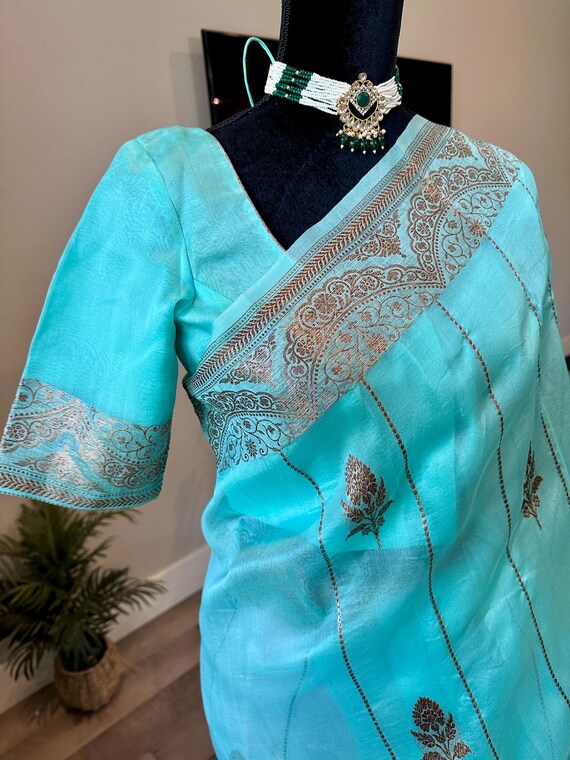 Size 36-46 inches stitched blouse | Pure, silk mark certified banaras kora silk saree with antique zari | kora silk sarees online shopping
